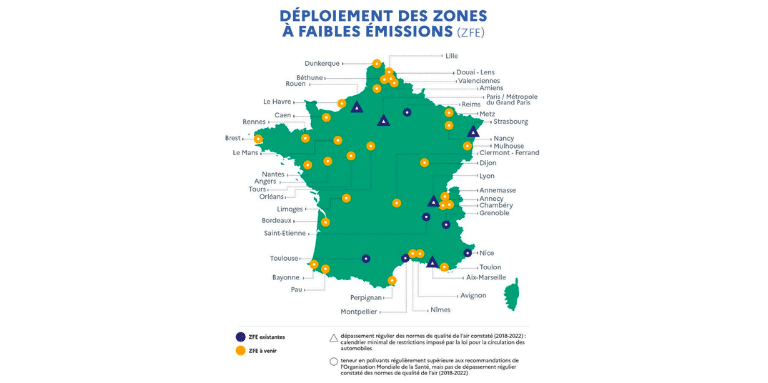 Lutte contre la pollution de l'air -Zones à faibles émissions mobilité (ZFE-m) 11 métropoles concernées en 2023